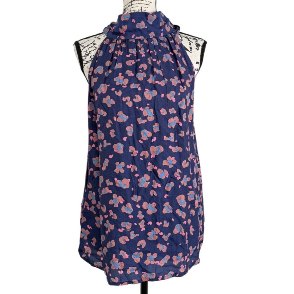 Oliphant Womens Sleeveless Floral Halter Top With Bow Tie Neck Navy Blue Size M